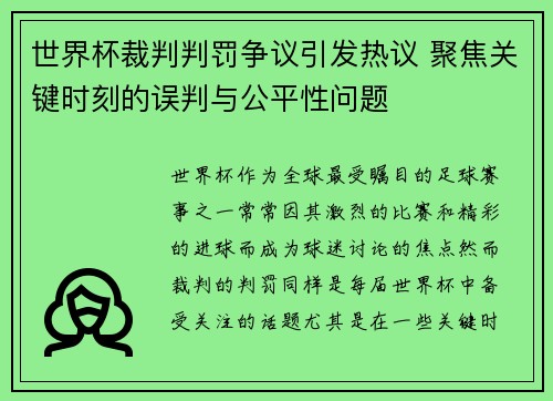 世界杯裁判判罚争议引发热议 聚焦关键时刻的误判与公平性问题