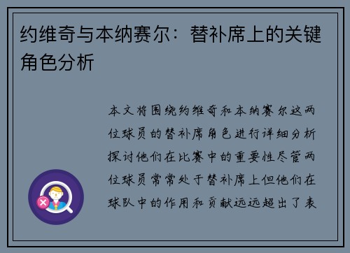 约维奇与本纳赛尔：替补席上的关键角色分析