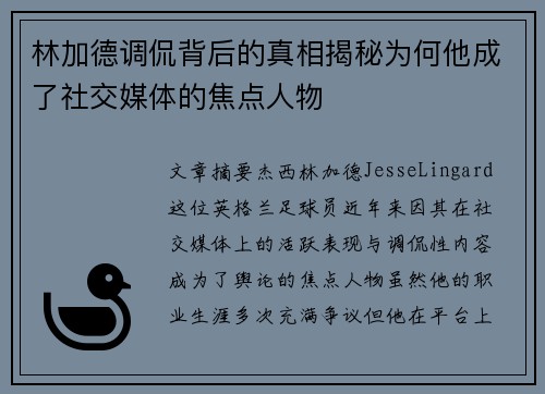 林加德调侃背后的真相揭秘为何他成了社交媒体的焦点人物