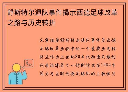 舒斯特尔退队事件揭示西德足球改革之路与历史转折